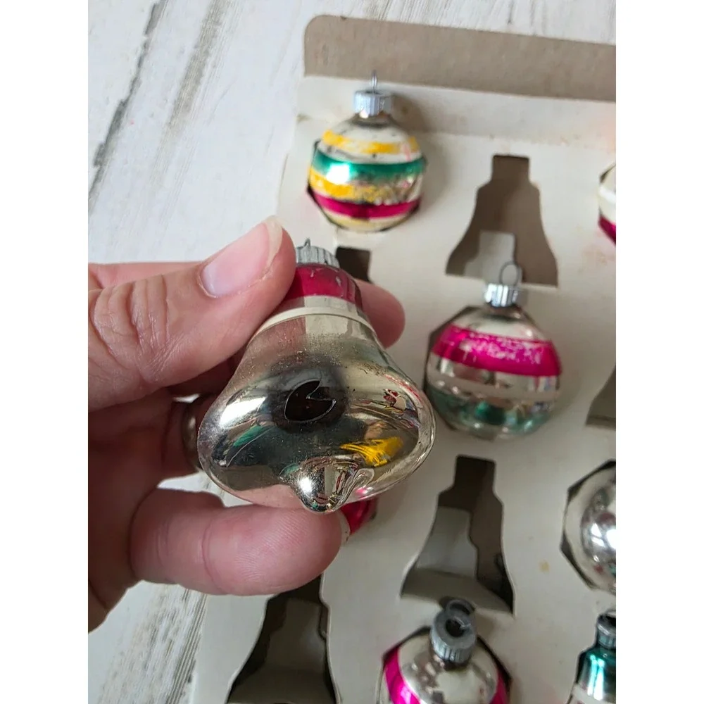 Vintage shiny Brite ornament set Bell striped pink green red box Xmas tree